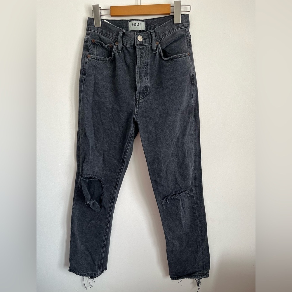 Agolde Riley High Rise Straight Crop Denim Jeans - Distressed Black - US 24